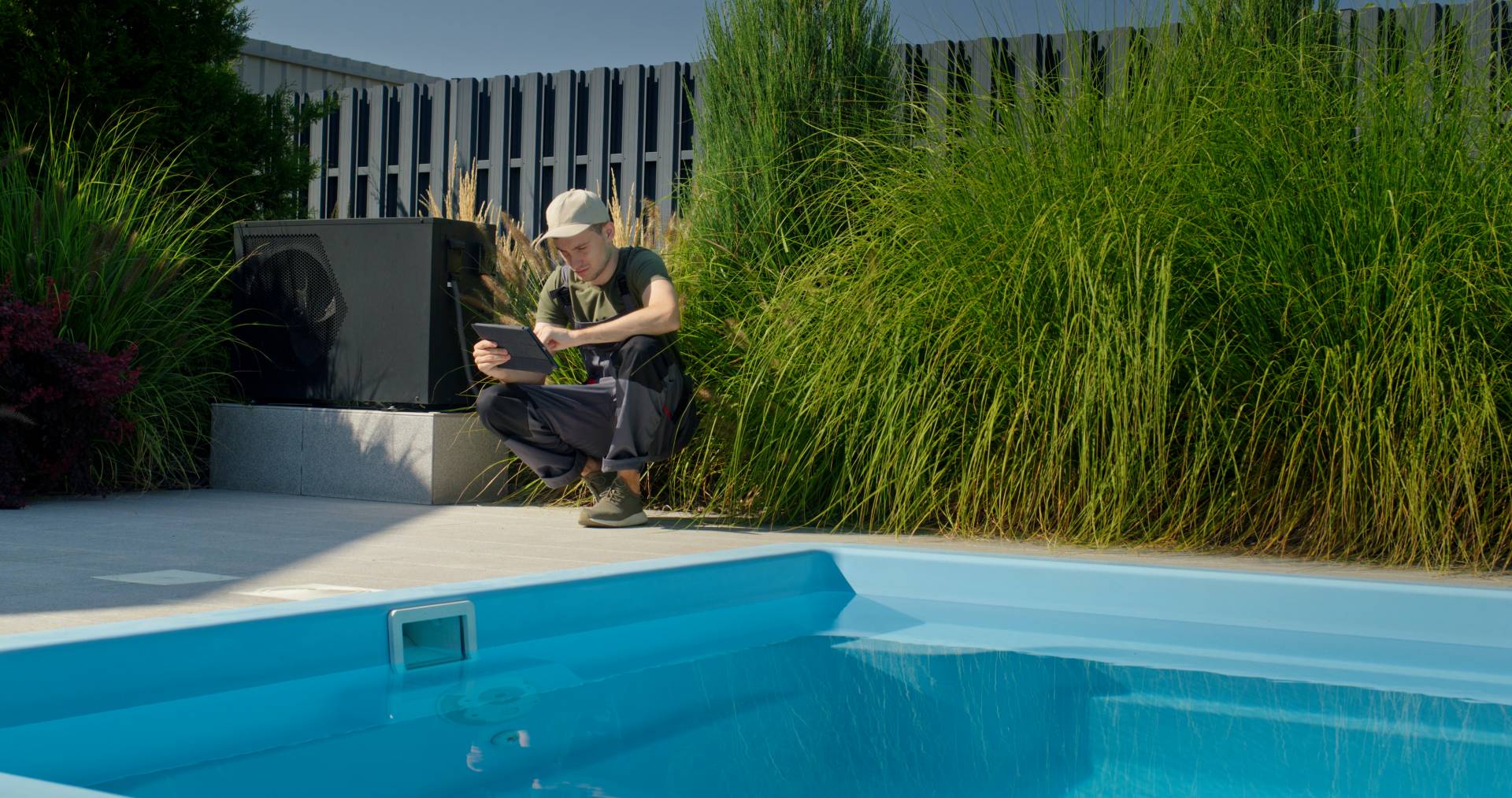 Professional pool technician using a tablet to inspect and diagnose a pool heat pump beside a backyard swimming pool surrounded by greenery.