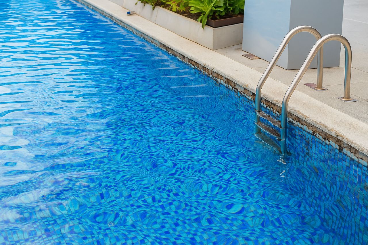 Close-up of a swimming pool with worn and deteriorating waterline tiles, showing cracks, discoloration, and visible aging along the edge of the pool.
