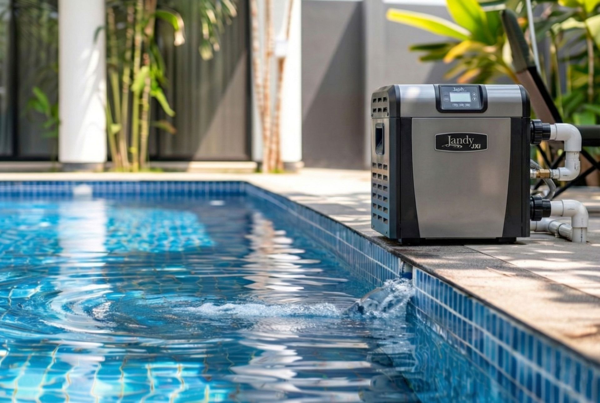 Close-up view of a modern Jandy JXi pool heater unit, colored grey and black with a digital display, installed with white PVC pipes on a concrete pool deck. Water ripples in the blue tiled swimming pool next to it from a return jet, with lush tropical foliage in the blurred background under daylight.