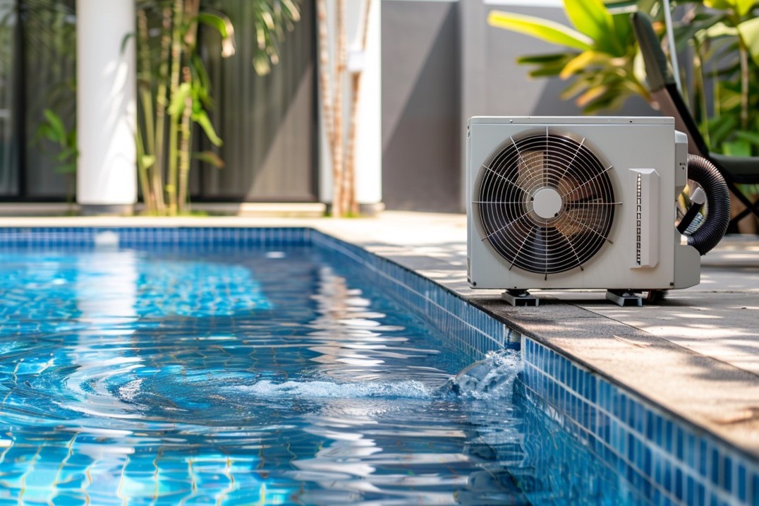 Standard pool heat pump running next to a backyard swimming pool with visible water movement.