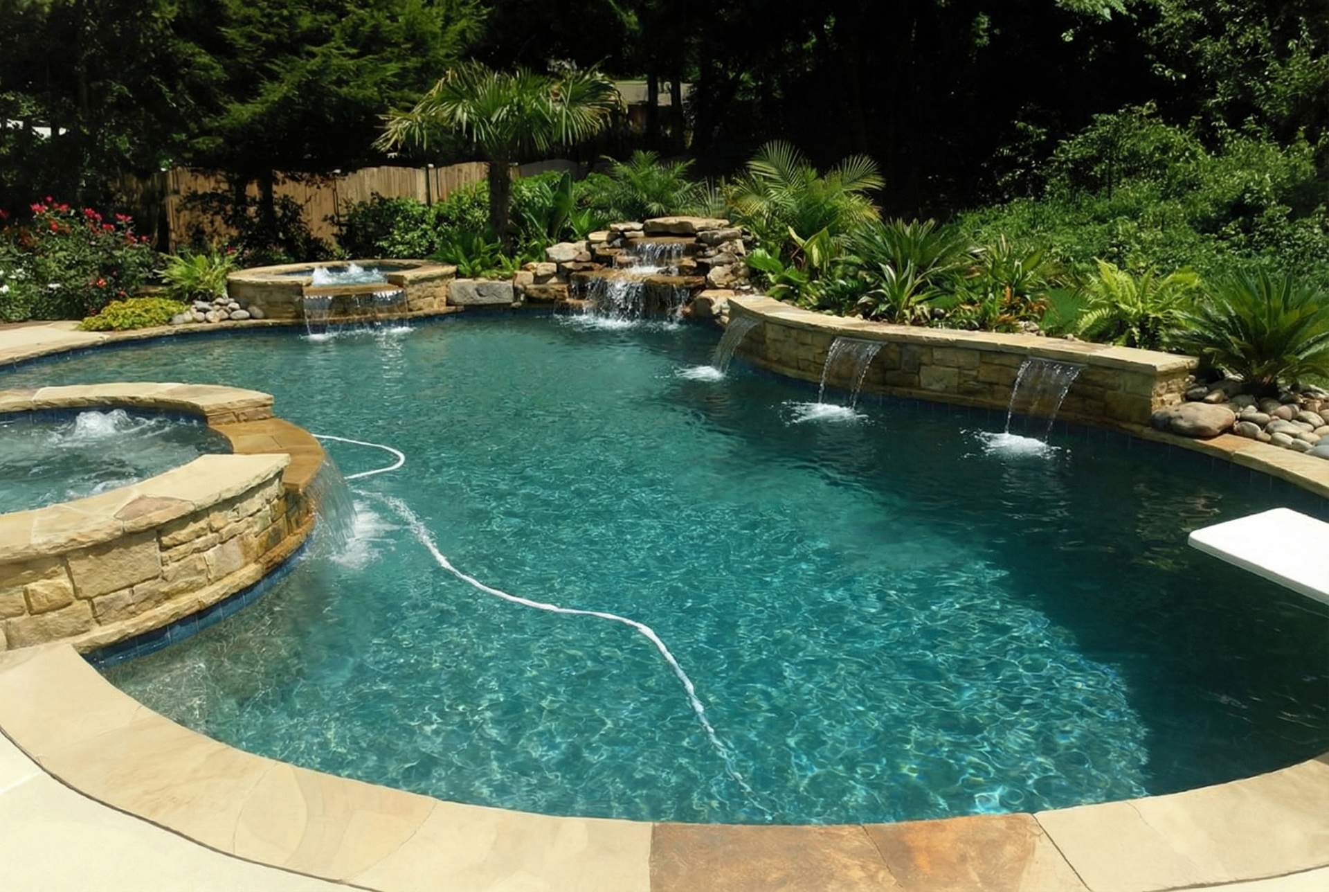 A luxurious freeform swimming pool with deep teal water and flagstone coping. The pool features a raised stacked stone spa spilling into the main body of water, a natural rock waterfall cascade, and a separate stone wall with three sheer descent waterfalls. The surrounding landscaping is dense with tropical plants, palms, and ferns under bright daylight. A white diving board is visible on the right.