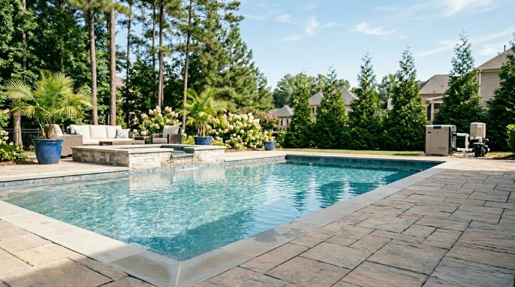 A clean, clear backyard swimming pool with patio seating and landscaping, showcasing a professionally opened and maintained pool ready for the spring and summer season.