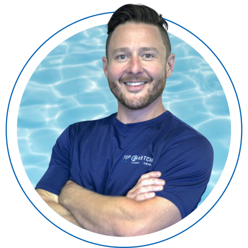Circular portrait of Ronny from Top Notch Pool Management smiling with his arms crossed against a blue pool water background.